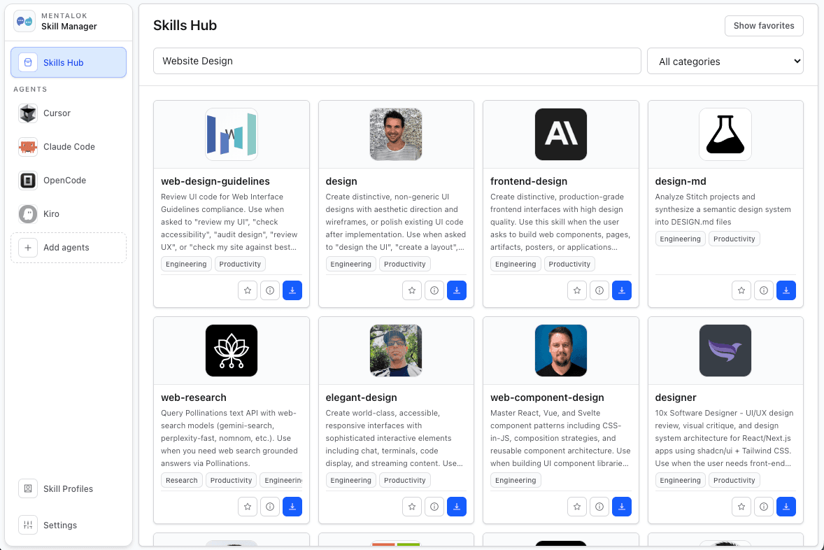 Mentalok Skills Manager 桌面应用:Skills Hub 界面,含搜索框、分类筛选与技能卡片