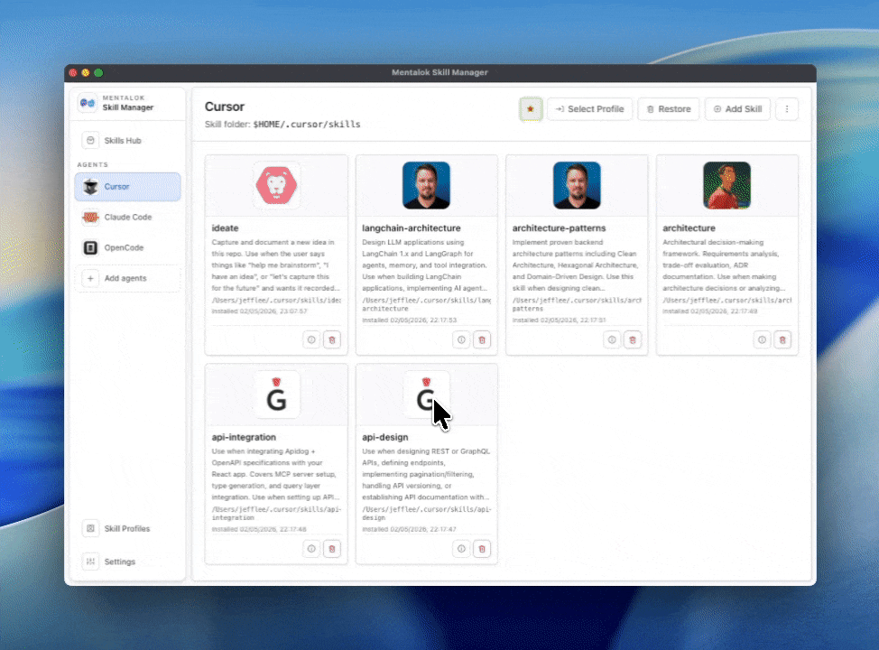 Mentalok Skills Manager 选中 Cursor Agent,界面以卡片列出已安装技能与本地路径