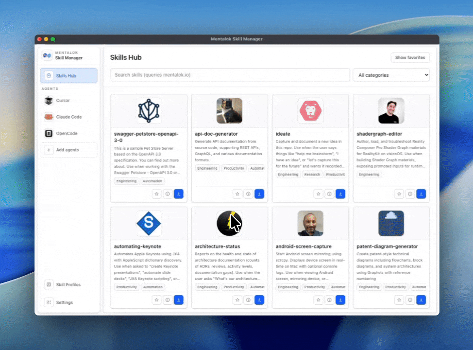 Mentalok Skills Manager 的 Skills Hub 界面,演示实时搜索并筛选技能卡片